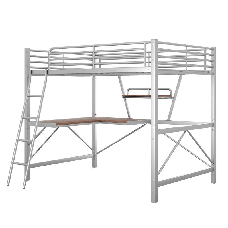 Metal Loft Bed with Desk and Guardrail