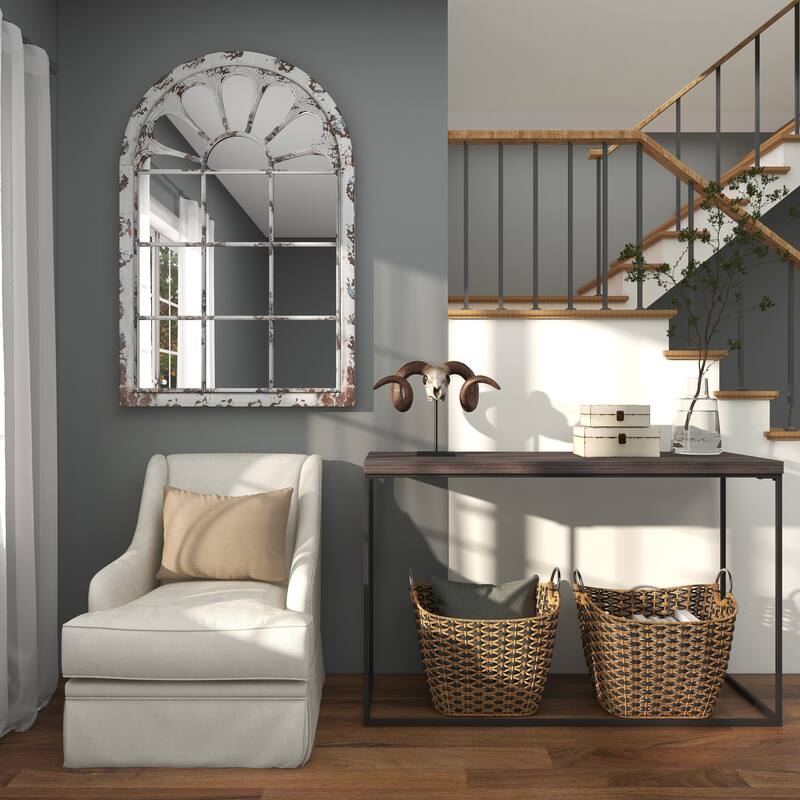 Metal Window Pane Inspired Wall Mirror with Arched Top - White - Roche River Decor