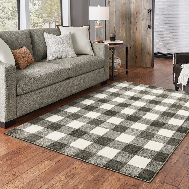 Arwen Distressed Gingham Plaid Area Rug - 9' 10" x 12' 9" - Charcoal/Ivory - Rectangle
