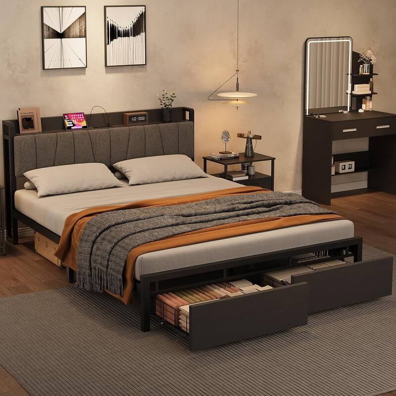 Platform Bed Frame with Charging Station and Functional Storage Headboard - Full