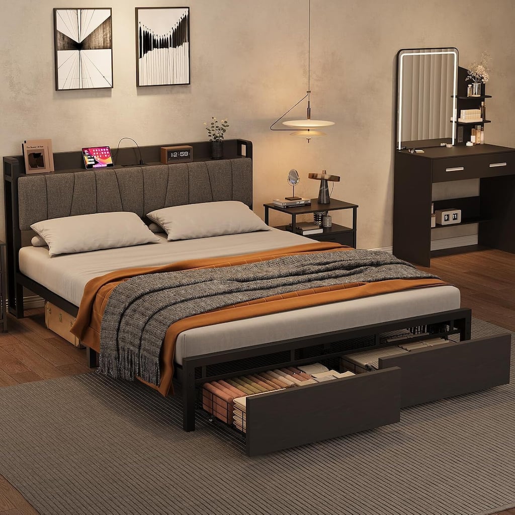 Platform Bed Frame with Charging Station and Functional Storage Headboard