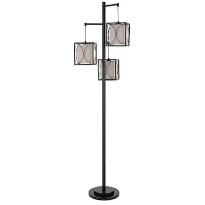 Lany 73 Inch Floor Lamp, 3 Hanging Lantern Style Shades, Black Iron