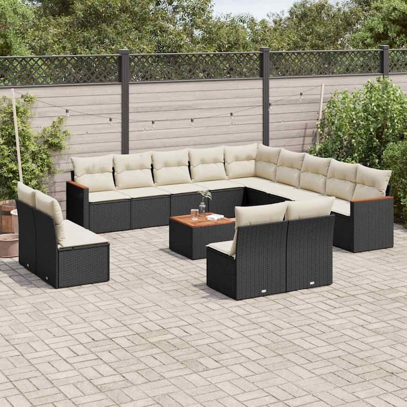 vidaXL Patio Sofa Set with Cushions Outdoor Conversation Furniture Poly Rattan - Black and cream with table - 21.7 x 21.7 x 14.6 in