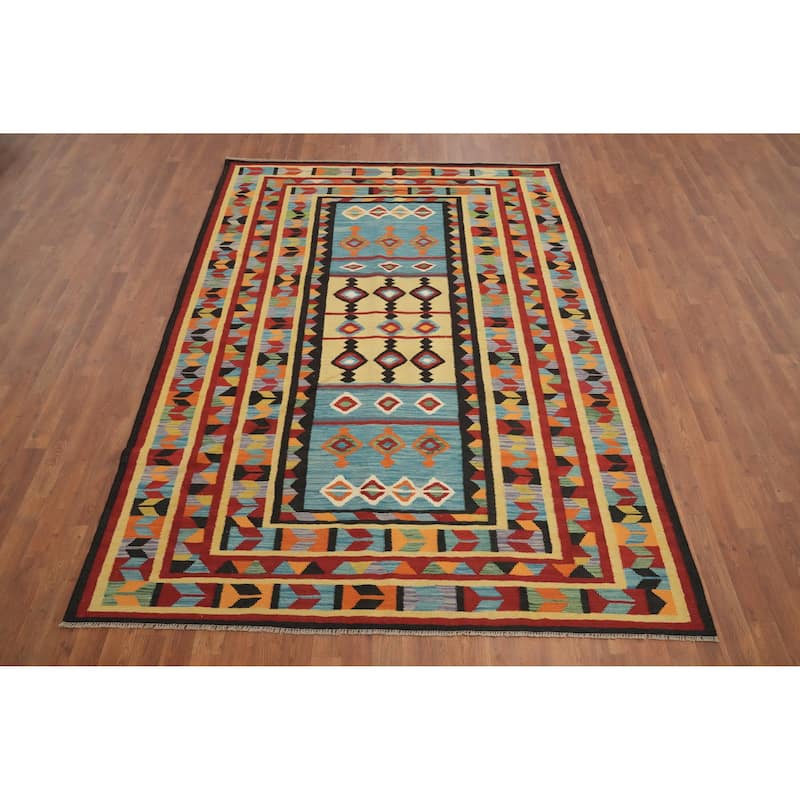 Hand Woven Oriental 100% Wool Carpet Southwestern Tribal Navy Blue & Blues Kilim Area Rug - 8' 7'' X 6' 1''