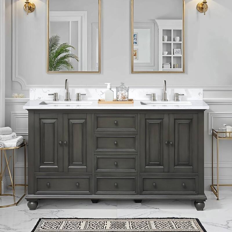 Thompson 60 in. Double Sink Bathroom Vanity with Engineered Stone Top - 61"W x 22"D x 35"H - Charcoal Glaze