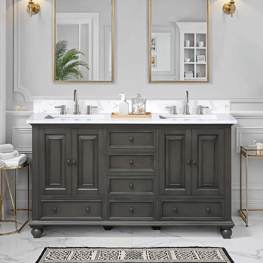 Thompson 60 in. Double Sink Bathroom Vanity with Engineered Stone Top - 61"W x 22"D x 35"H