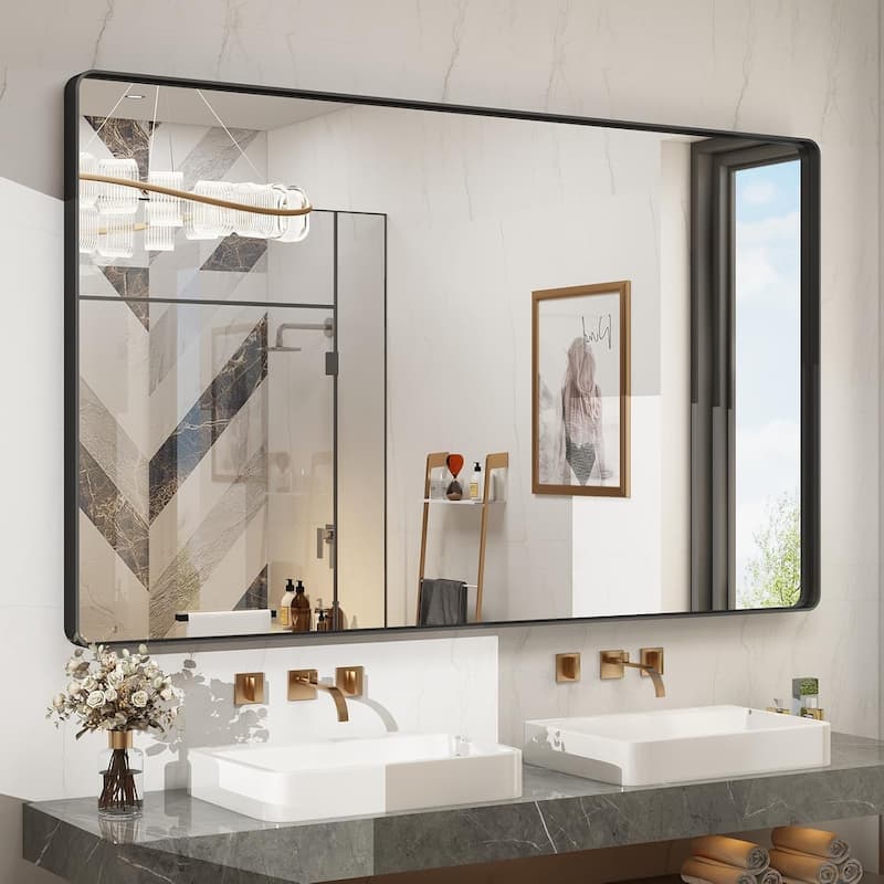 Aluminum Alloy Framed French Cleat Mounted Tempered Glass Wall Vanity Mirror - Black - 55" x 36"
