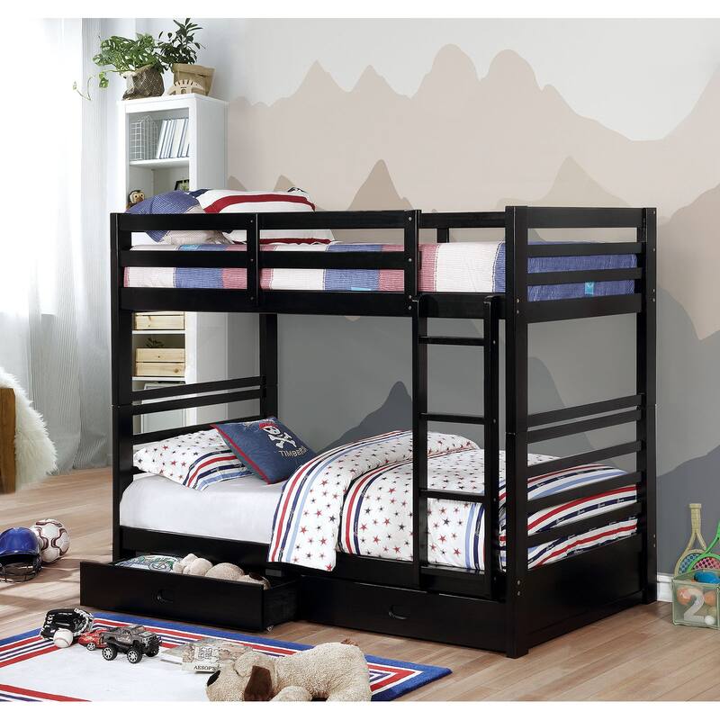 Classic Twin Over Twin Bunk Bed with Two Drawers and Attached Ladder, Black - Black