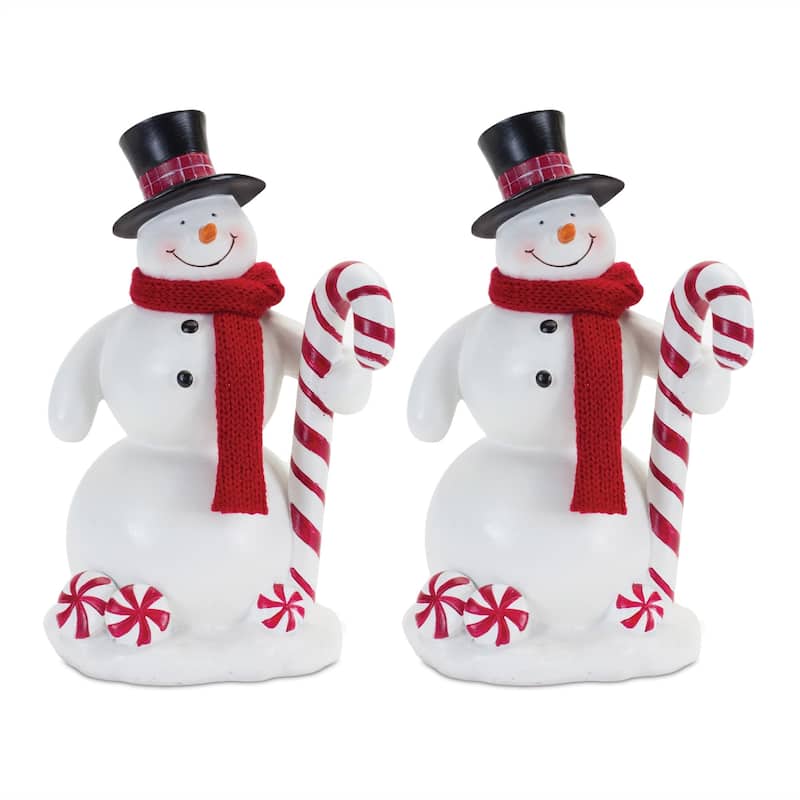 Snowman with Candy Cane Christmas Figurine - 8" - Set of 2