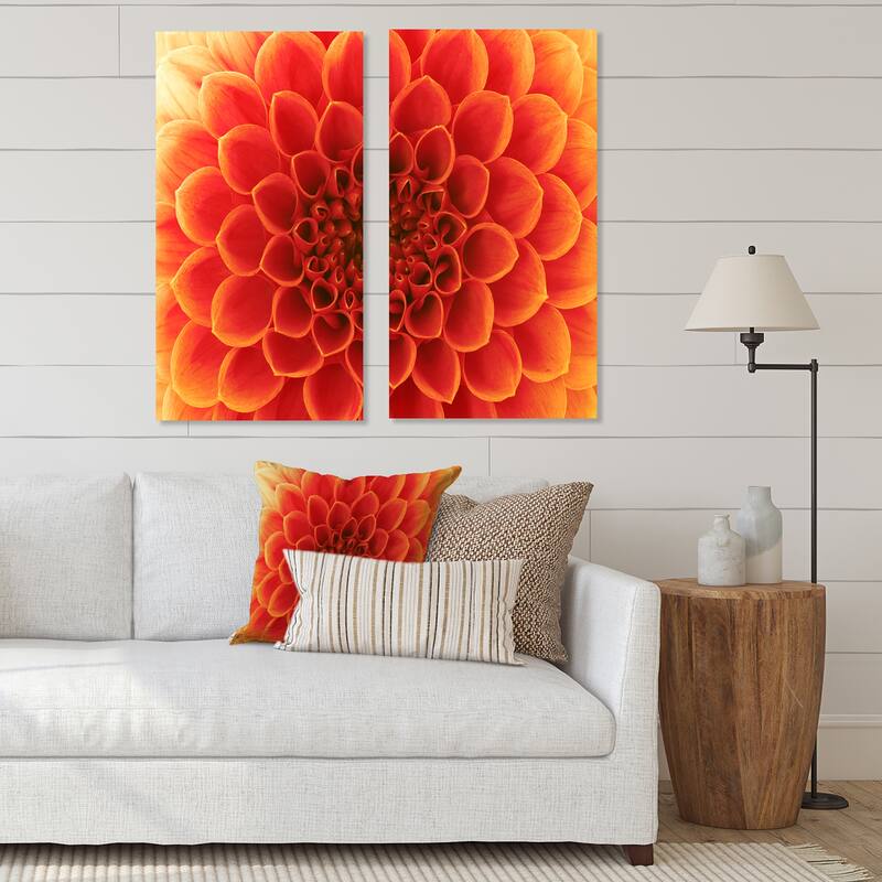 Designart "Orange Abstract Flower Petals" Floral Canvas Wall Art Print 2 Piece Set - 20" W x 40" H x 1" D x 2 Pieces