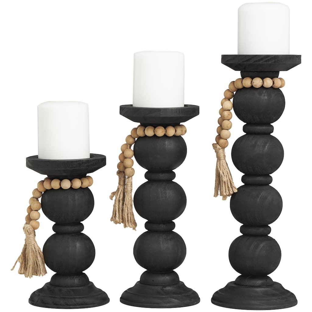 Wood Handmade Bubble Inspired Matte Decorative Candle Holder with Beaded Garland Accent - Set of 3 Black - Roche River Decor