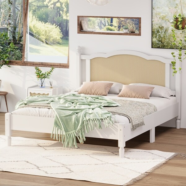 Queen Size Wooden Platform Bed with Natural Rattan Headboard Vintage Bed Frame with Wooden Slat Support White