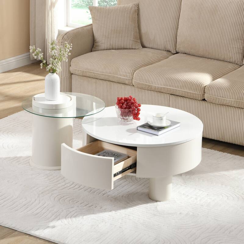 Nesting Coffee Table Set of 2, Round Coffee Table with Drawer, Circular Wood Center Table Set