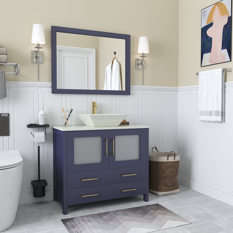 Vanity Art 36" Single Sink Bathroom Vanity Set with Engineered Marble Top Free Mirror - 36 x 18.5 x 36 Inches