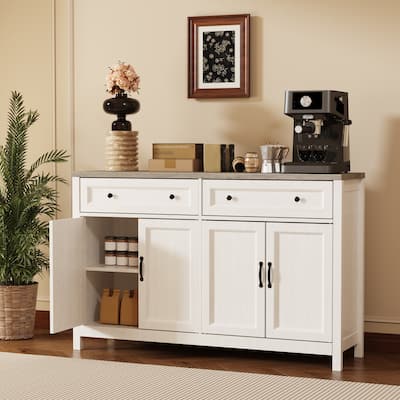 Farmhouse Kitchen Sideboard Buffet Cabinet with Storage, Wood Coffee Bar and Storage Sideboard with 2 Drawers and 4 Doors