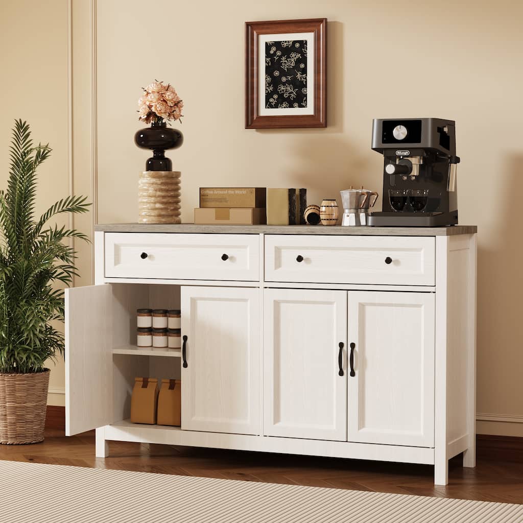 Farmhouse Kitchen Sideboard Buffet Cabinet with Storage, Wood Coffee Bar and Storage Sideboard with 2 Drawers and 4 Doors