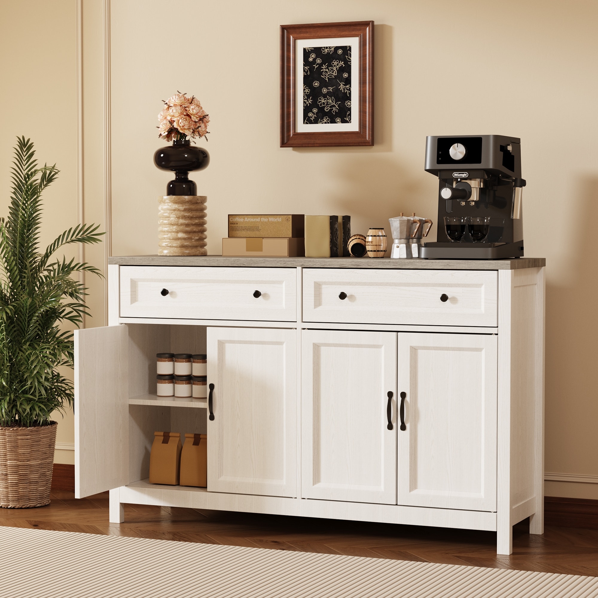 Farmhouse Kitchen Sideboard Buffet Cabinet with Storage, Wood Coffee Bar and Storage Sideboard with 2 Drawers and 4 Doors