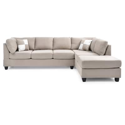 Reversible Microsuede 4-Seater Sectional Sofa with Throw Pillows - 111" - Beige