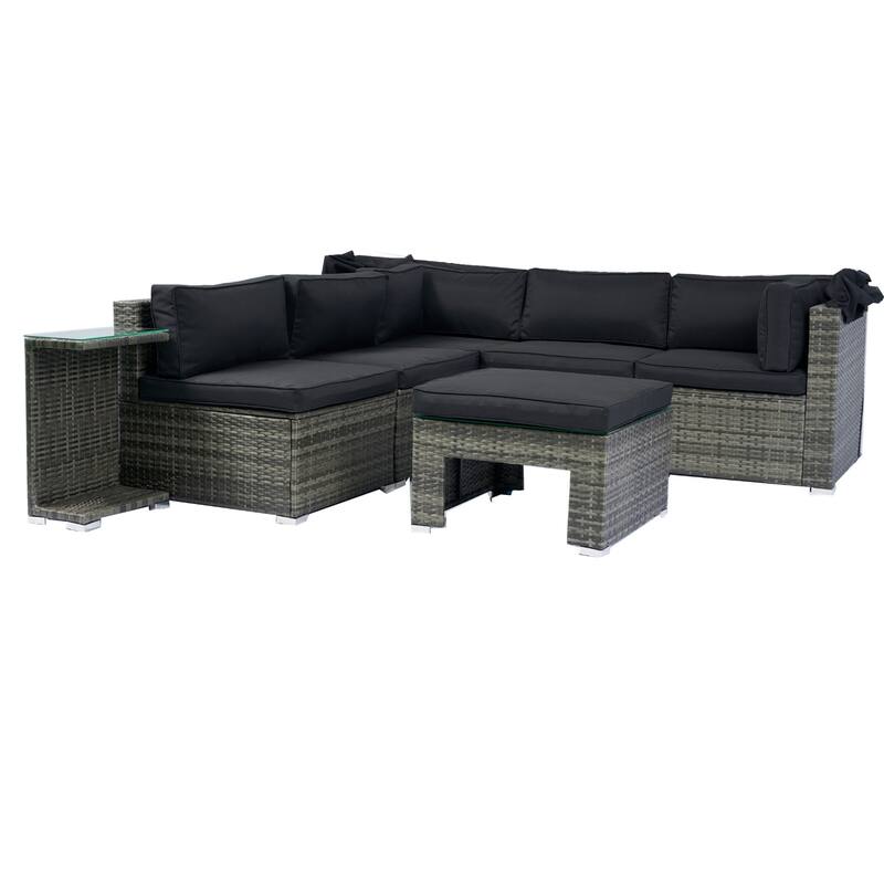 7-Piece Outdoor Grey Wicker Sectional Sofa Set with Retractable Canopy