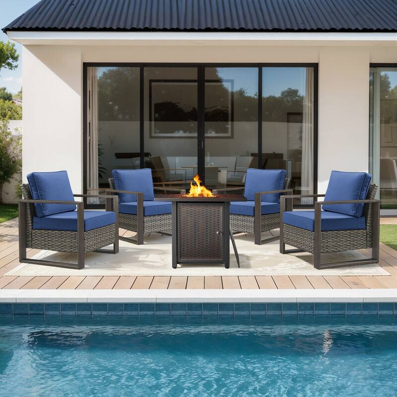 Meyreso 5-Piece Wicker Patio Conversation Set with Metal Fire Pit & Plush 4.5" Olefin Cushions