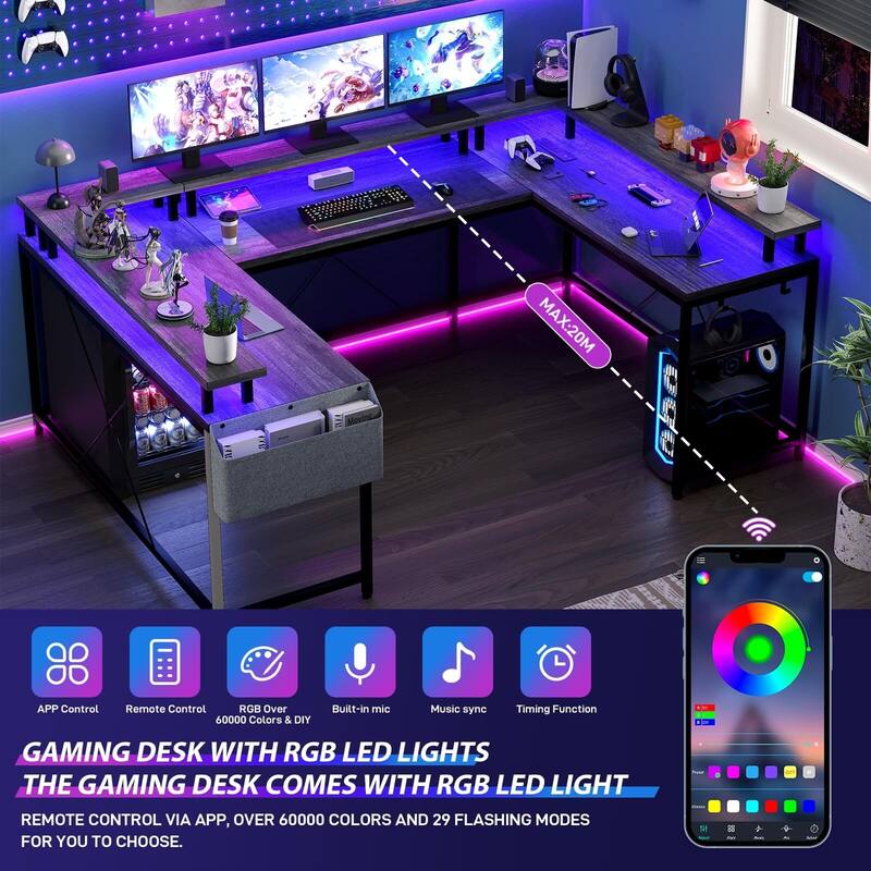 U Shaped Desk, 126 Inch Gaming Desk with Monitor Stand and LED Lights