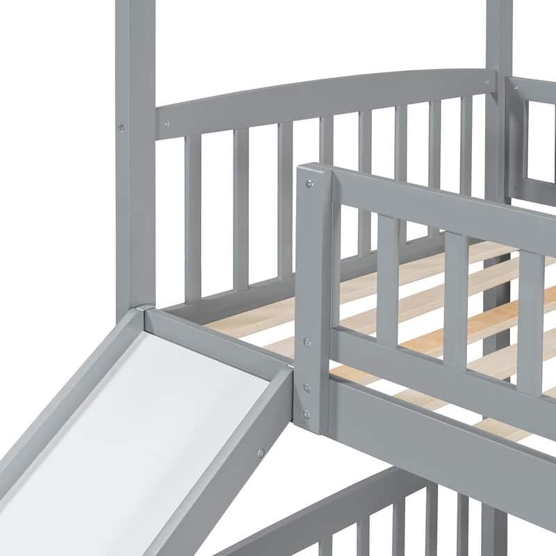 Twin Over Twin Bunk Bed with Slide, House Bed with Slide, Gray