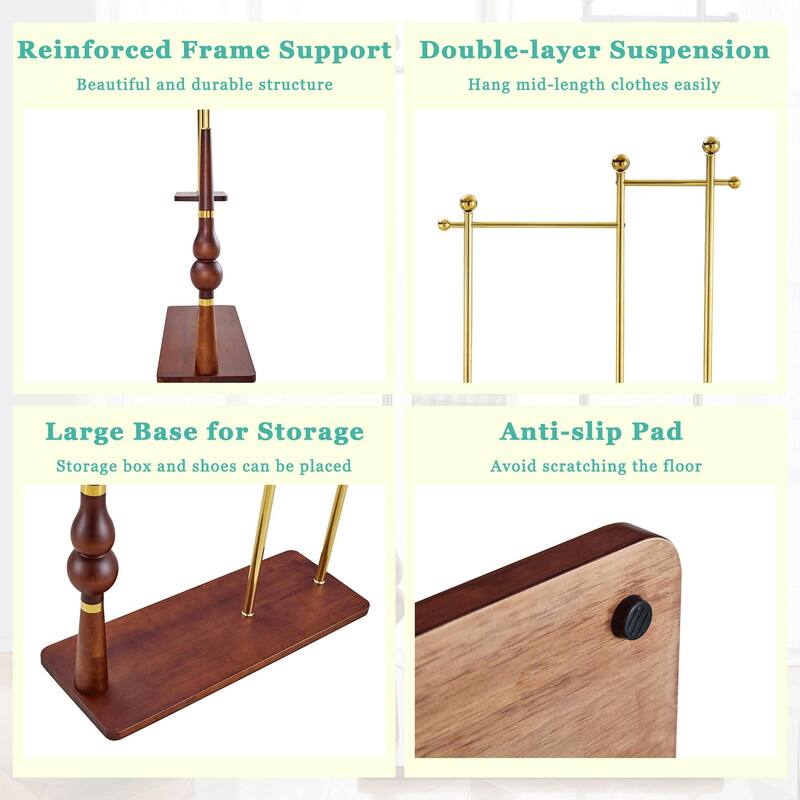 Industrial Coat Rack, Solid Wood and Stainless Steel Heavy Duty Clothing Stand with 2 Layer Storage