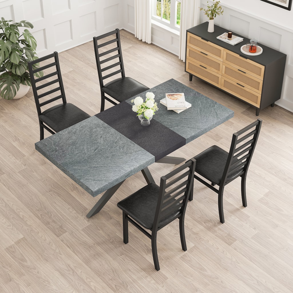 5-Piece Dining Set with Stretch Table and 4 High-Back Leather Chairs