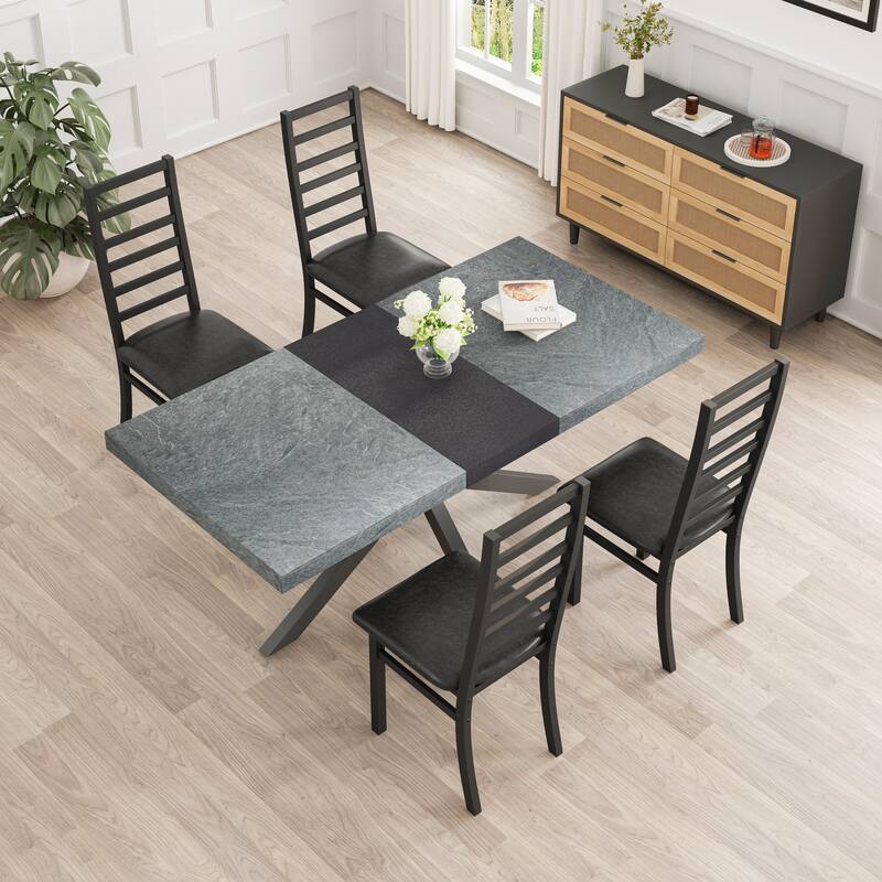 5-Piece Dining Set with Stretch Table and 4 High-Back Leather Chairs - Black Gery