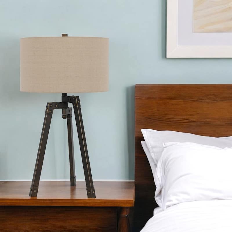 32-Inch Charcoal Metal Tripod Table Lamp with Tan Drum Shade - 17" x 17" x 31.50"