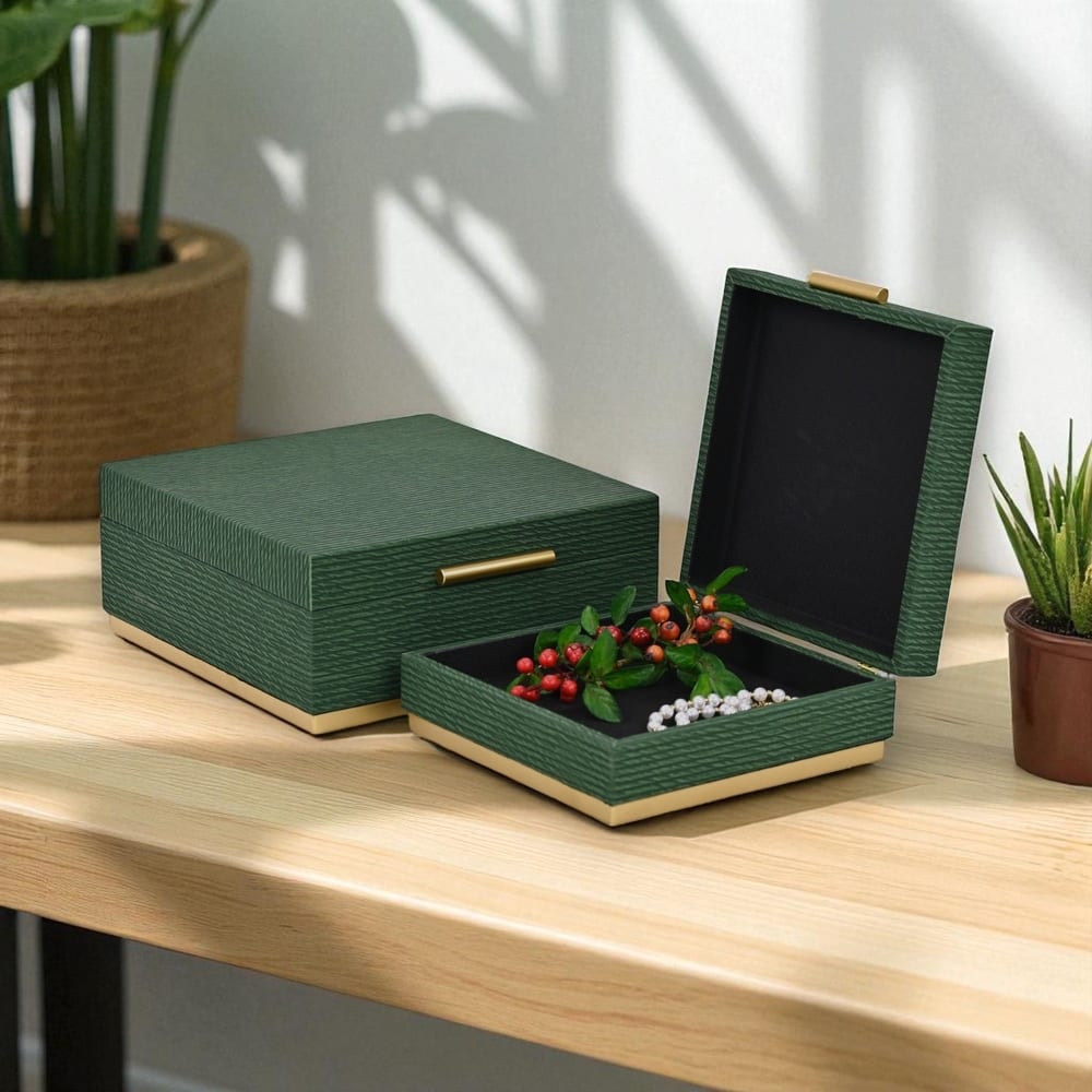 Eira Set of 2 Square Decorative Storage Boxes - Retro Stripe Pattern with Gold Hardware