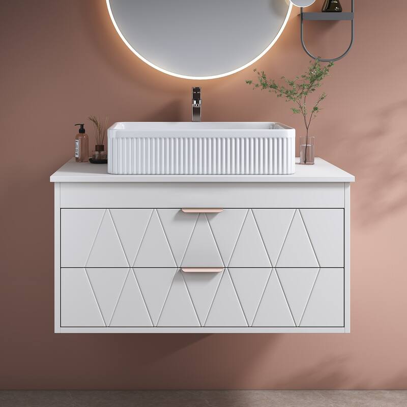 31.5" Contemporary Floating Bathroom Vanity with Ceramic Vessel Sink - Gold,White