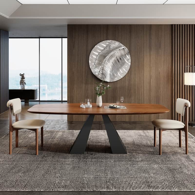 86" Mid Century Modern Dining Table, Brown Solid Wood Tabletop with Black Stainless Steel Legs, Retangular DiningTable for 8-10 - Brown