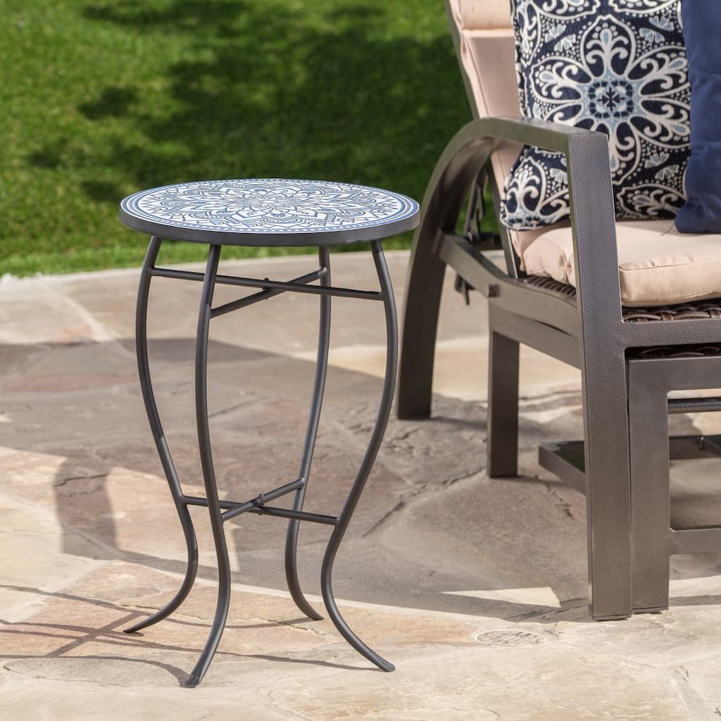 Christopher Knight Home - Han Outdoor Round Ceramic Tile Side Table with Iron Frame.