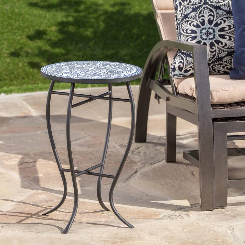 Han Outdoor Round Ceramic Tile Side Table with Iron Frame by Christopher Knight Home