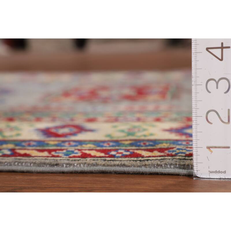 Gray Geometric Kazak Accent Rug Hand-Knotted Wool Carpet - 3'4" x 4'11"