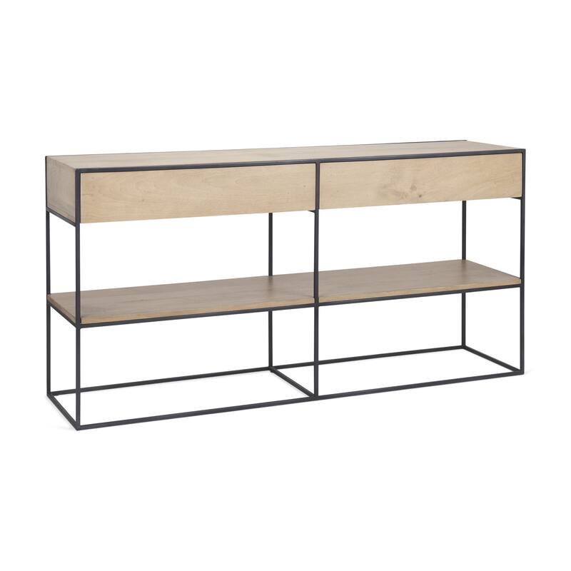 HomeRoots 63" Natural and Black Solid Wood and Metal Frame Console Table With Shelf And With Two Drawers - 63' X '31' X '15