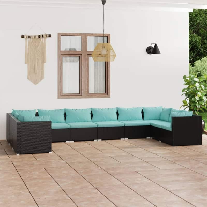 vidaXL Patio Lounge Set Outdoor Sectional Sofa Set Table Garden Poly Rattan - 27.6" x 27.6" x 23.8" - Black/Water blue 10 Piece