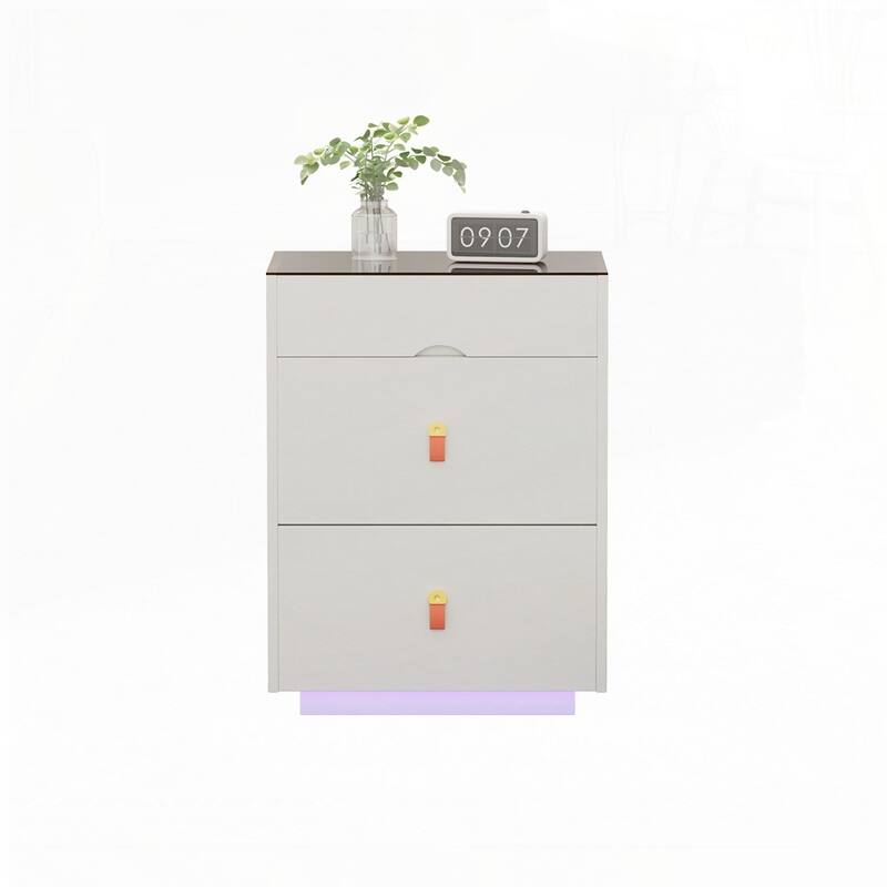 3 Storage Drawers Nightstand with Glass Top Jewelry Storage and Faux Leather Handles