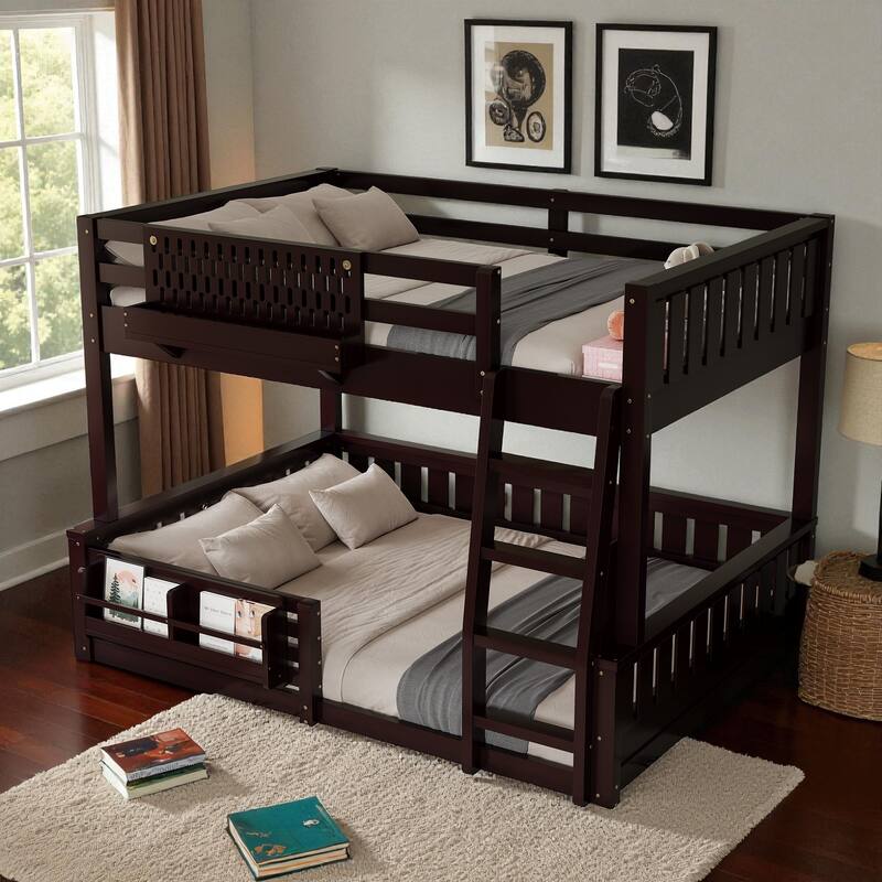 Full XL over Queen / Full over Queen Bunk Bed with Ladder, Guardrails, Pegboard & Built-In Bookshelf, Solid Wood Frame
