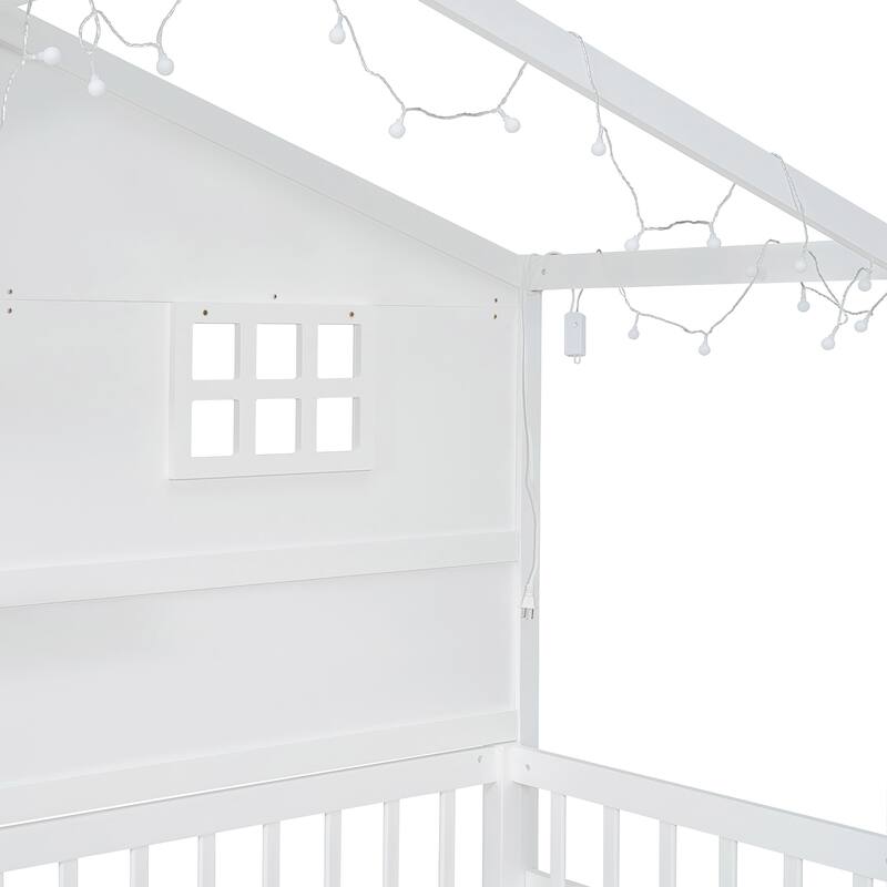 Twin House Bed with Window, Roof Light Strip, and Storage Shelves, Pine Wood Construction