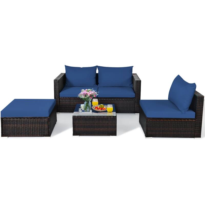 Gymax 5PCS Cushioned Rattan Patio Conversation Set w/ Ottoman Navy - See Details