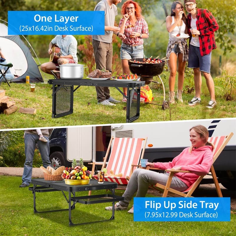 Foldable Collapsible Picnic Aluminum Alloy Grill Stand w/ 2 Side Trays