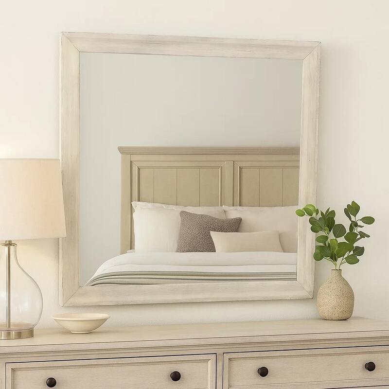Dresser Mirror, Antique White Poplar Wood Frame, Square 40 Inch - Antique White