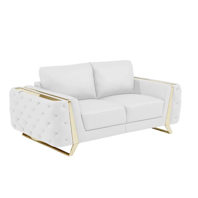 HomeRoots 72" White And Gold Genuine Leather Loveseat