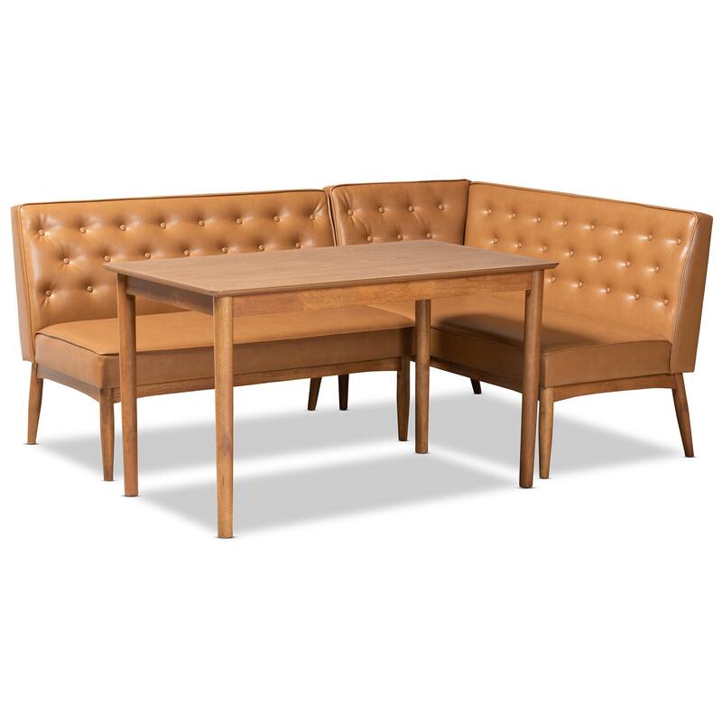 Riordan Mid-Century Upholstered and Walnut 3-PC Dining Nook Set - Tan