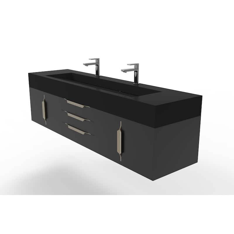 Nile 72" Wall Mounted Bathroom Vanity Set w/ Black Top