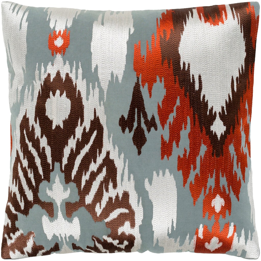 Dobra Rust & Grey Embroidered Ikat Throw Pillow Cover (22" x 22")