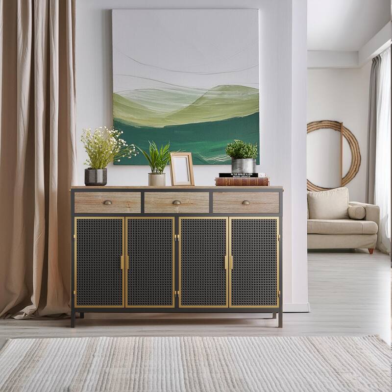 Kitchen Pantry Cabinet with 3 Top Drawers, Buffet Cabinet with 4 Hollow Doors, Storage Cabinet with Metal Handles and Wood Legs
