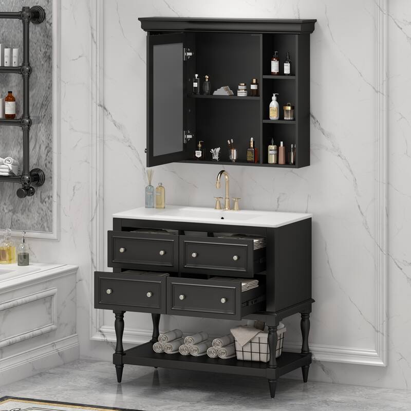 GDFStudio - Marquette Luxury Bathroom Vanity Set with Ceramic Sink, Mirror Medicine Cabinet and 4 Storage Drawers - 36'W - Black